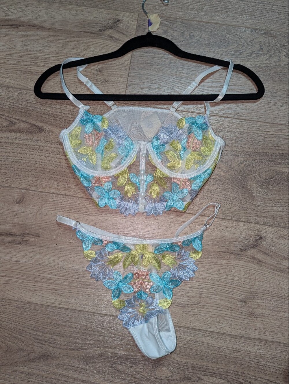 SHEIN White Sheer Floral Embroidered Bralette & Thong Set